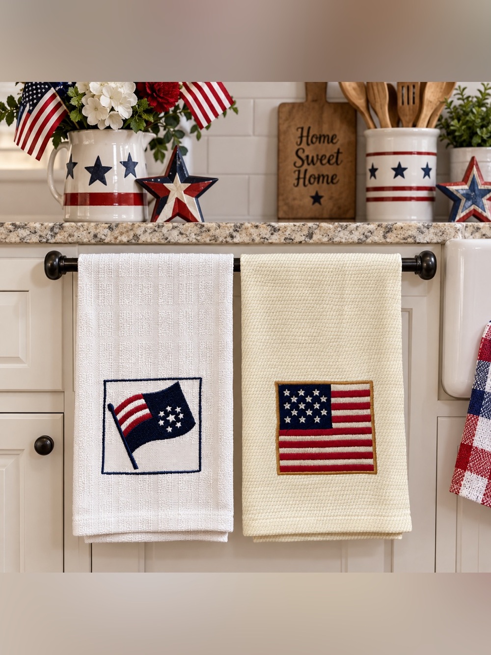 Warren Kimble Ritz patriotic dish towels 2 cotton white cream red blue USA flag